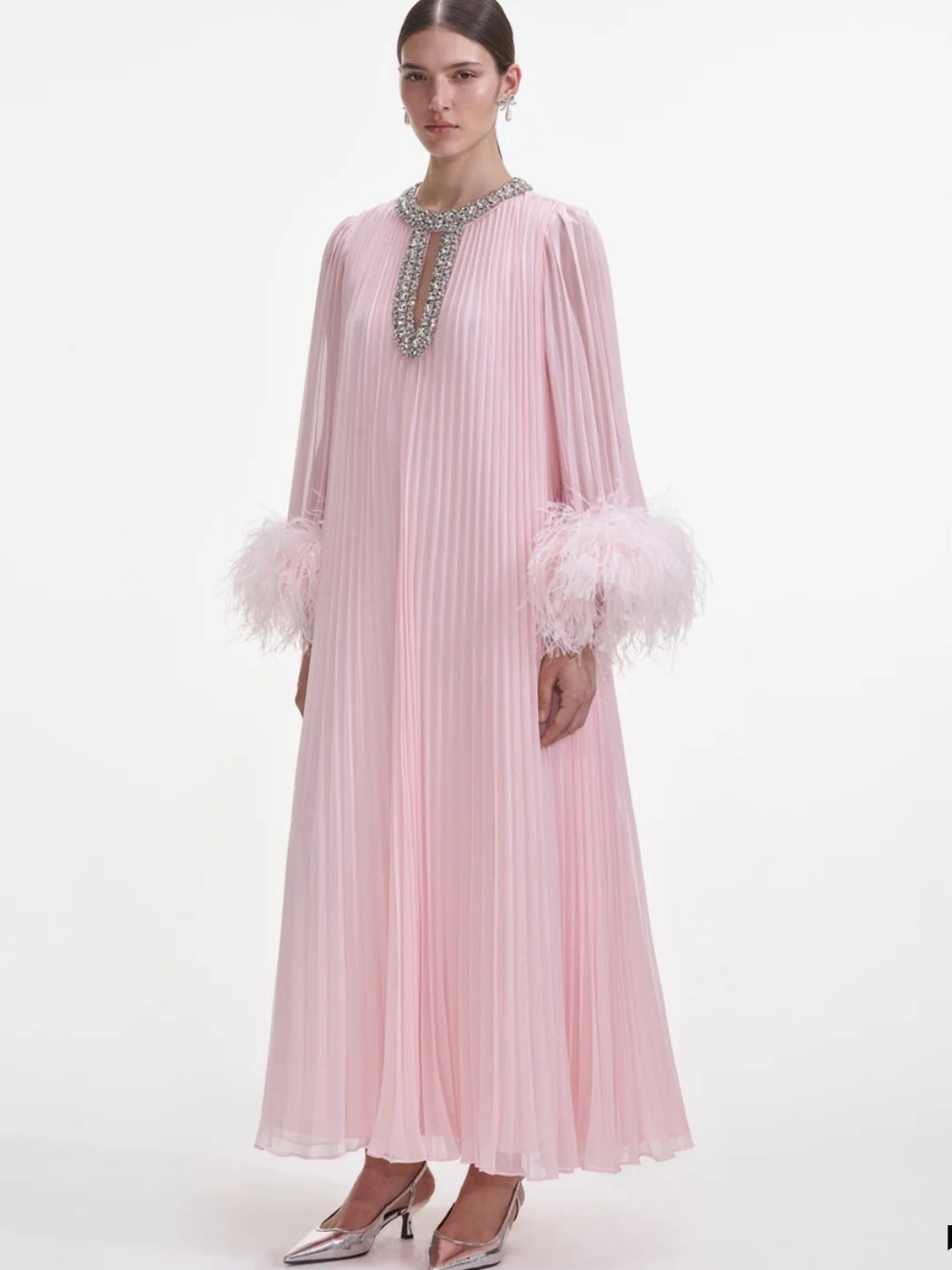 New! Self-Portrait Pale Pink Pleated Chiffon Midi Dress Feather Cuffs sz 10 - Picture 3 of 4